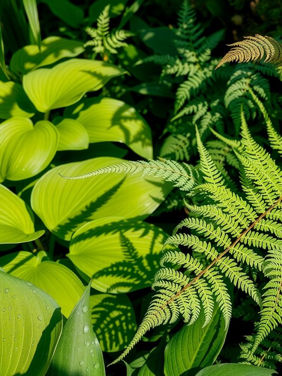 ferns enhance shaded hosta contrast