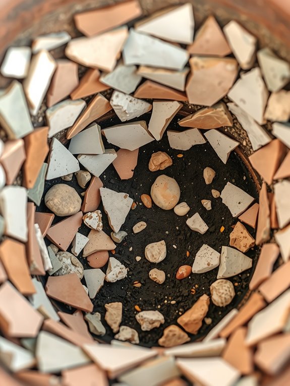 pottery shards with fabric drainage